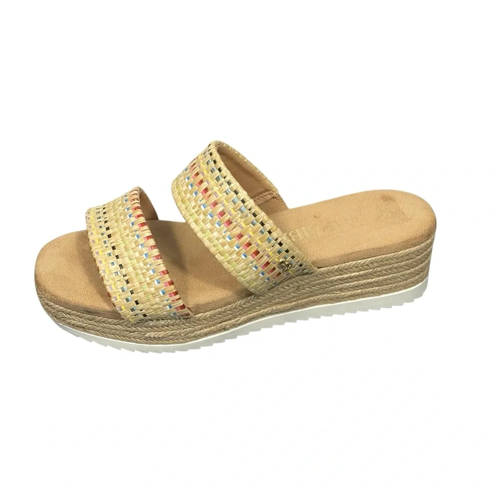 Sam & Libby Charlee Raffia Tan Strap Slip On Wedge Shoe Sandal Sz 9